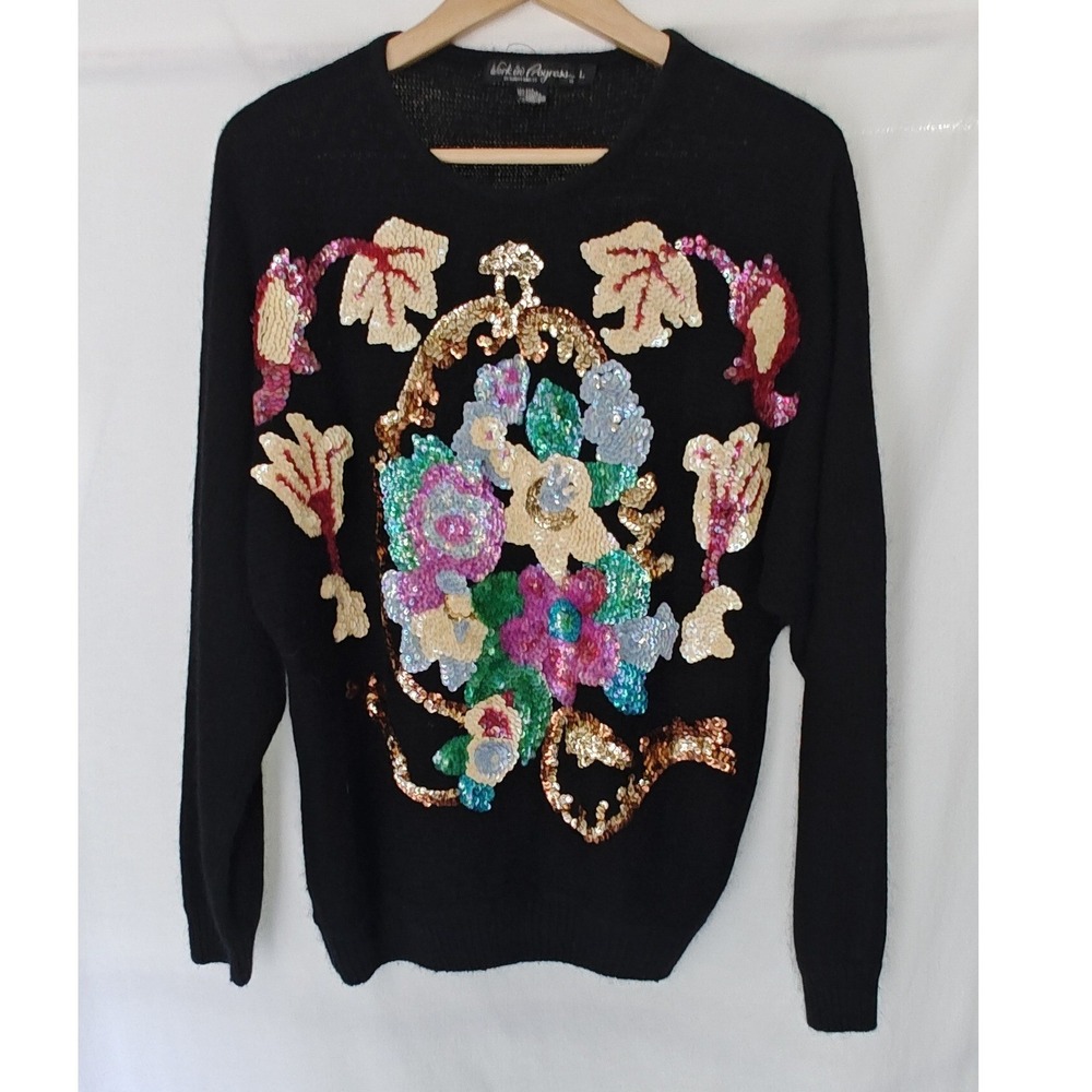 Work In Progress Sweater Black Sequin Floral Angora Silk Blend Vintage 80s L